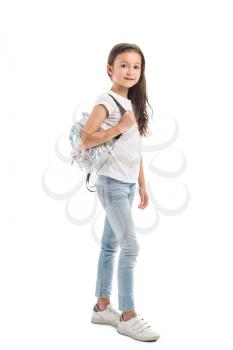 Stylish girl in jeans on white background�