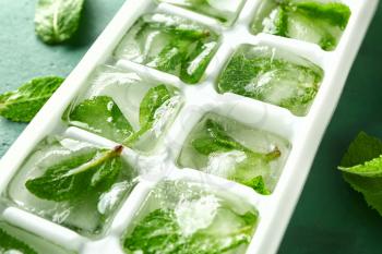 Tray with ice cubes and mint, closeup�