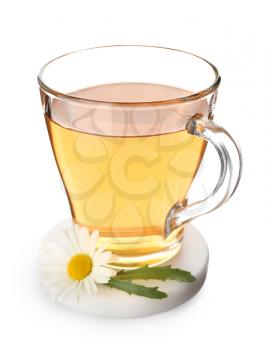 Cup of hot chamomile tea on white background�