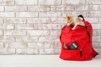 School backpack with cute kitten on table against brick wall�