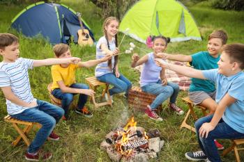 Children roasting marshmallow on fire at summer camp�