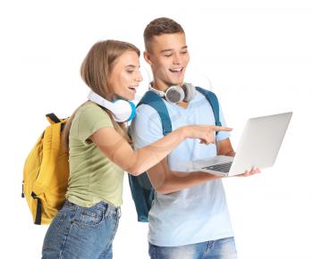 Portrait of young students with laptop on white background�