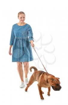 Walking woman with cute dog on white background�