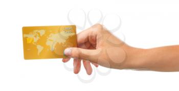 Female hand with credit card on white background�