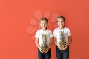 Portrait of cute twin girls with pineapples on color background�