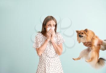Man giving dog to young woman suffering from allergy on light background�