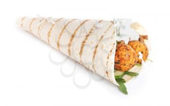 Tasty pita with falafel and vegetables on white background�