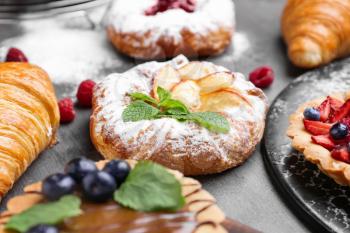 Assortment of sweet pastry on table, closeup�