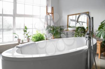 Stylish interior of bathroom with green houseplants�