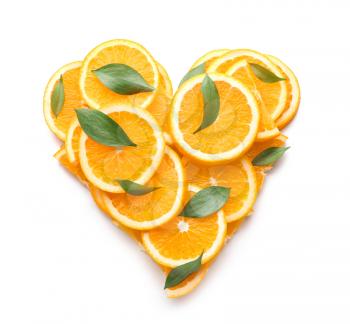 Heart shape made of orange slices on white background�