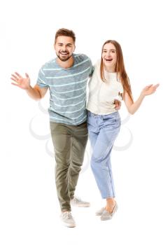 Portrait of happy young couple on white background�