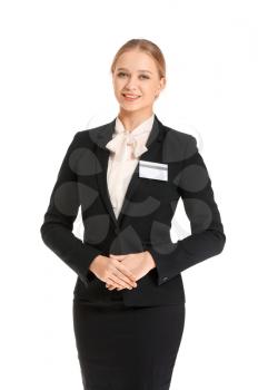 Portrait of female receptionist on white background�