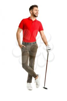 Handsome male golfer on white background�