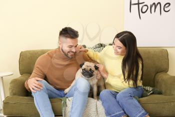 Young couple with dog sitting on sofa at home�