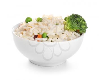 Boiled rice with vegetables in bowl on white background�