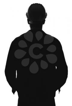 Silhouette of male engineer on white background, back view�