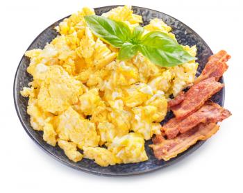 Plate with scrambled egg and bacon on white background�