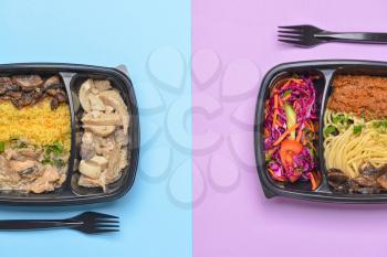 Containers with healthy food on color background�