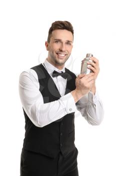 Handsome male bartender on white background�