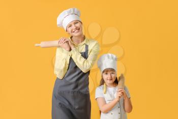 Portrait of female chef and her little daughter on color background�