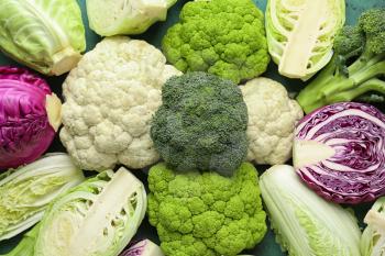 Different kinds of cabbage on color table�
