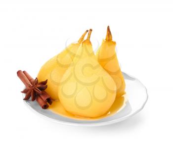 Plate with delicious poached pears in wine on white background�