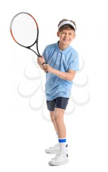 Cute little boy with tennis racket on white background�