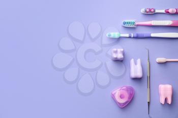 Set for oral hygiene on color background�