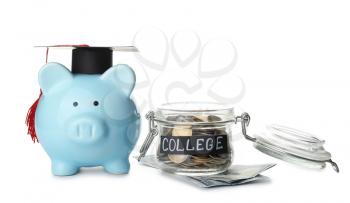 Piggy bank and jar with savings for education on white background�