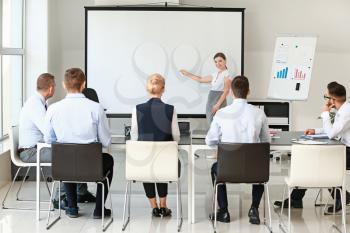 Businesswoman giving presentation during meeting in office�