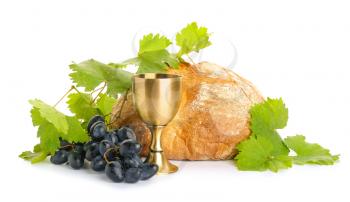 Chalice of wine and bread on white background�