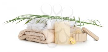 Spa composition with aroma candle on white background�