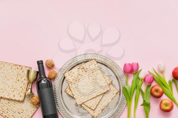 Festive composition for Passover celebration on color background�