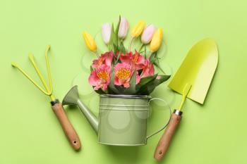 Gardening tools and flowers on color background�
