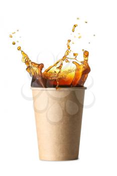 Splash of coffee in paper cup on white background�