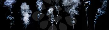 Collage of different cigarette smoke on dark background�