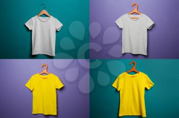 Different child t-shirts on color background�