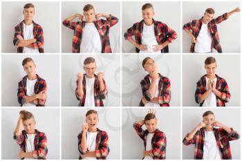 Teenager boy with different emotions on light background�