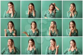 Beautiful young woman with different emotions on green background�
