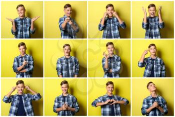 Teenager boy with different emotions on yellow background�