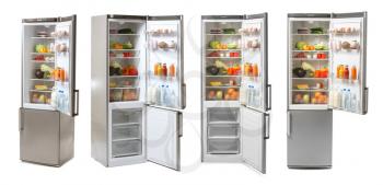Open fridges full of food on white background�