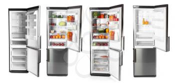 Open fridges with and without food on white background�