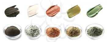 Collage with different cosmetic clays on white background�