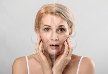 Comparison portrait of mature woman on light background. Process of aging�