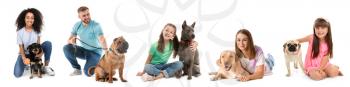 Set of people with different dogs on white background�