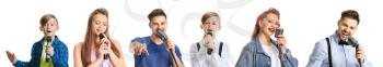 Collage of different singers with microphones on white background�