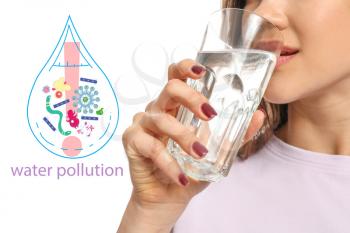 Young woman drinking water and drawn drop with microbes on white background. Problem of pollution�
