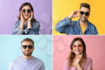 Collage of photos with young people wearing stylish sunglasses�
