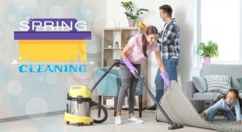 Happy family cleaning flat together�