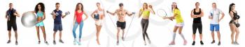 Collage of different sporty people on white background�